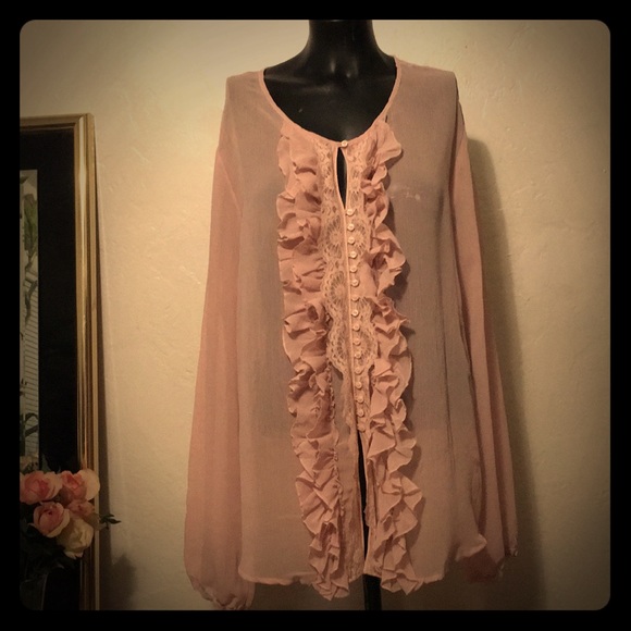 Stamp 10 Tops - Stamp 10 Pink Sheer Ruffles and Lace Blouse